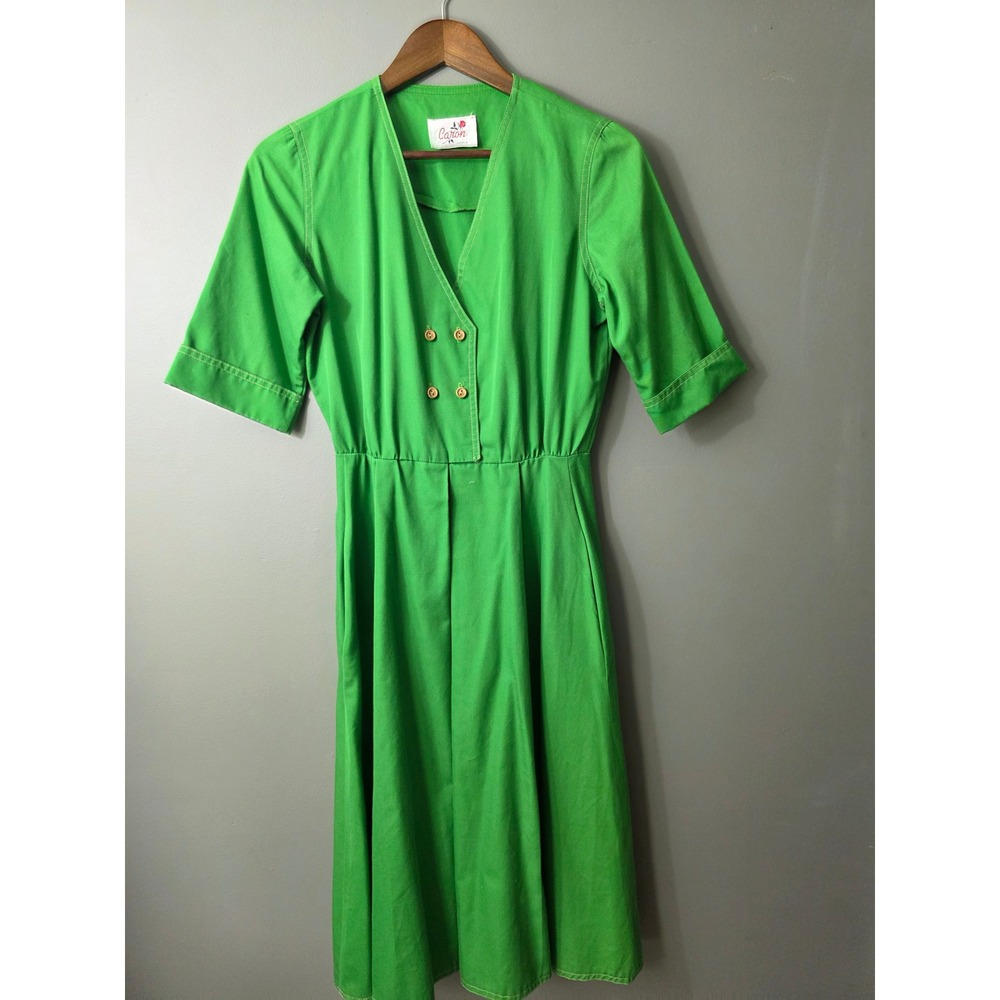 Vintage Caron Chicago Green Midi Dress White Topstitch V-Neck Elastic Waist Slit